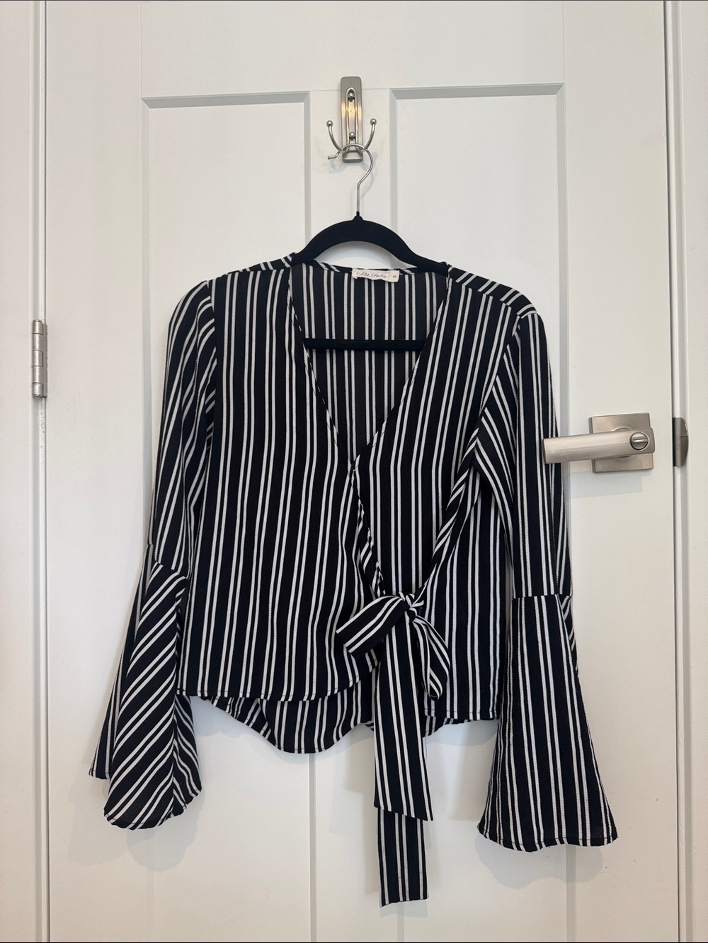 Chloe & Katie Black and White Vertical-Stripe Tie-Waist Blouse